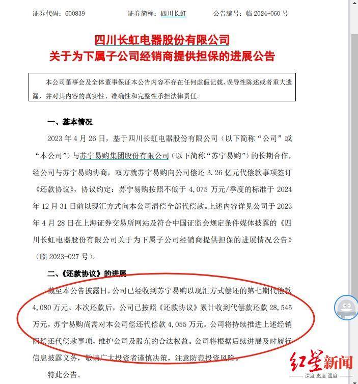 四川长虹已收到苏宁易购2.85亿元代偿款 剩余4055万元